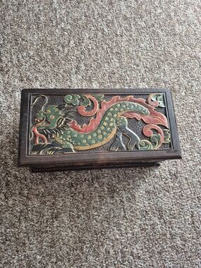 Dragon Wooden Hand Carved Handmade Green Red Gold Chest Treasure Box Wood